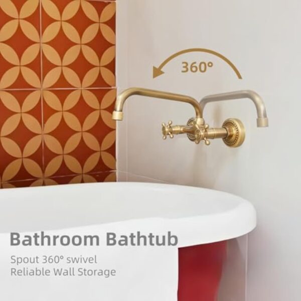 NIUKOMY Robinet Cuisine Mural Bronze Antique, Rotatif à 360° Mitigeur D'évier Murale Laiton, Retro Double Poignée Robinets Mélangeur pour Salle de Bain Cuisine, Bec 24cm – Image 5