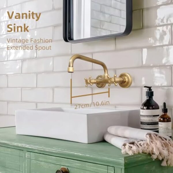 NIUKOMY Robinet Cuisine Mural Bronze Antique, Rotatif à 360° Mitigeur D'évier Murale Laiton, Retro Double Poignée Robinets Mélangeur pour Salle de Bain Cuisine, Bec 24cm – Image 6