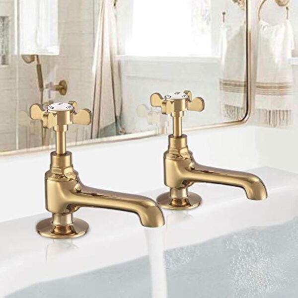 Paire de robinets piliers de lavabo en or poli pour évier chaud et froid à levier croisé double robinet de salle de bain victorien traditionnel vintage victorien Peppermint – Image 3