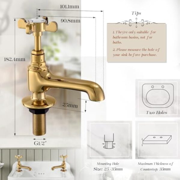 Paire de robinets piliers de lavabo en or poli pour évier chaud et froid à levier croisé double robinet de salle de bain victorien traditionnel vintage victorien Peppermint – Image 7