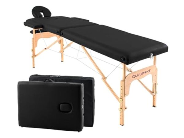 QUIRUMED Table de Massage Pliable en Bois Easy, Couleur Noire, 182 x 60 cm, Similicuir Portable, légère tête Amovible, Trou du Visage, Hauteur réglable jusqu'à 120 kg