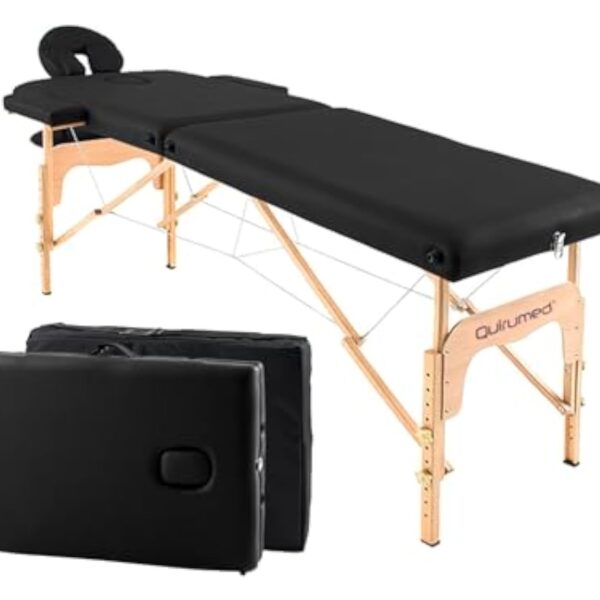 QUIRUMED Table de Massage Pliable en Bois Easy, Couleur Noire, 182 x 60 cm, Similicuir Portable, légère tête Amovible, Trou du Visage, Hauteur réglable jusqu'à 120 kg