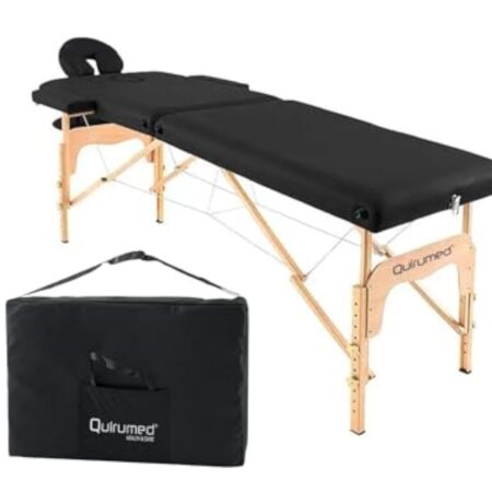 QUIRUMED Table de Massage Pliable en Bois Easy, Couleur Noire, 186 x 66 cm, Table de Massage, Massage physiothérapie, Similicuir tête articulée, Hauteur réglable, 2 Corps