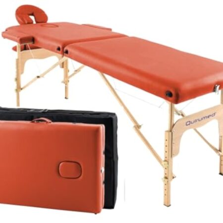 QUIRUMED Table de Massage Pliante en Bois Easy, Couleur Orange, 182 x 60 cm, Similicuir, Portable, Tête Amovible Légère, Trou pour Le Visage, Hauteur Réglable, Jusqu'à 120 kg