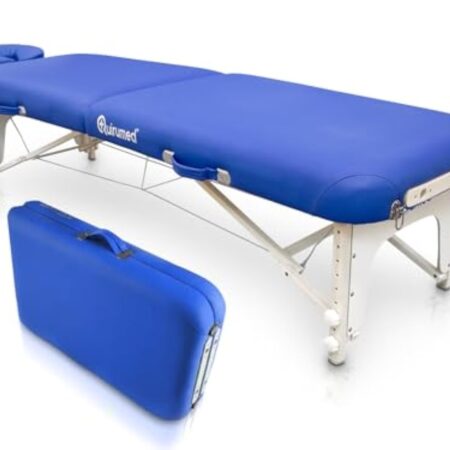 QUIRUMED Table Pliante de shiatsu en Bois, 211 x 60 cm, Couleur Bleu, Simili Cuir, réglable en Hauteur, Appui-tête Amovible, Structure renforcée, jusqu'à 185 kg