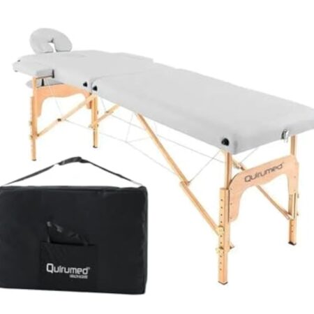 QUIRUMED Table de Massage Pliable en Bois Easy, Couleur Blanche, 186 x 66 cm, Table de Massage, Massage physiothérapie, Similicuir tête articulée, Hauteur réglable, 2 Corps