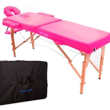 QUIRUMED Table de Massage Pliable en Bois Easy, Couleur Rose, 194 x 70 cm, Table de Massage, Massage physiothérapie, Similicuir tête articulée, Hauteur réglable, 2 Corps jusqu'à 150 kg