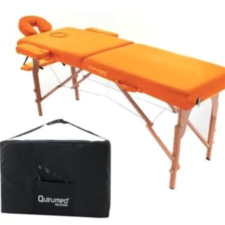 QUIRUMED Table de Massage en Bois Pliable Facile, Couleur Orange, 194 x 70 cm, Table de Massage, Massage Physiothérapie, Similicuir, Tête Articulée, Hauteur Réglable, 2 Corps, Jusqu'à 150 kg