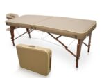 QUIRUMED Table de massage pour SPA, portable en bois, couleur sable, bois verni, simili cuir, rembourrage haute densité, hauteur réglable, pliable, tête amovible, jusqu'à 210 kg