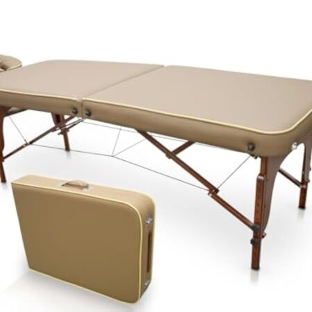 QUIRUMED Table de massage pour SPA, portable en bois, couleur sable, bois verni, simili cuir, rembourrage haute densité, hauteur réglable, pliable, tête amovible, jusqu'à 210 kg