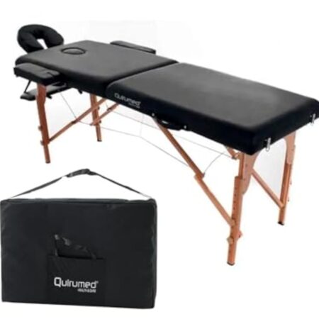 QUIRUMED Table de Massage Pliante Facile en Bois, Couleur Noir, 194 x 70 cm, Table de Massage, Massage Physiothérapie, Similicuir, Tête Articulée, Hauteur Réglable, 2 Corps, Jusqu'à 150 kg