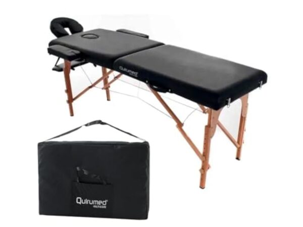 QUIRUMED Table de Massage Pliante Facile en Bois, Couleur Noir, 194 x 70 cm, Table de Massage, Massage Physiothérapie, Similicuir, Tête Articulée, Hauteur Réglable, 2 Corps, Jusqu'à 150 kg