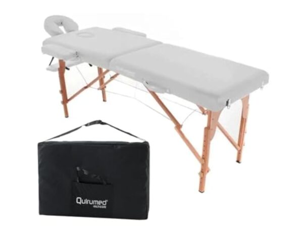 QUIRUMED Table de Massage Pliante en Bois Easy, Couleur Blanc, 194 x 70 cm, Table de Massage, Massage Physiothérapie, Similicuir, Tête Articulée, Hauteur Réglable, 2 Corps, Jusqu'à 150 kg