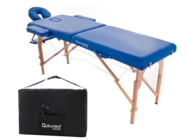 QUIRUMED Table de Massage Pliable en Bois Easy, Couleur Bleue, 194 x 70 cm, Table de Massage, Massage physiothérapie, Similicuir tête articulée, Hauteur réglable, 2 Corps jusqu'à 150 kg