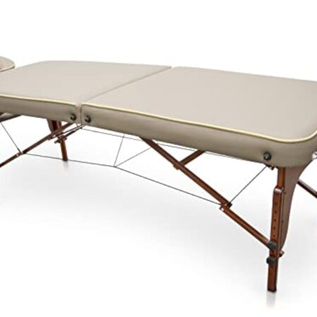 QUIRUMED Table de Massage pour Spa, Portable en Bois, Beige, Bois Verni, Similicuir, Rembourrage Haute densité, Hauteur réglable, Pliable, tête Amovible, jusqu'à 210 kg