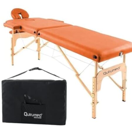 QUIRUMED Table de Massage Pliable en Bois Easy, Couleur Orange, 186 x 66 cm, Table de Massage, Massage physiothérapie, Similicuir tête articulée, Hauteur réglable, 2 Corps