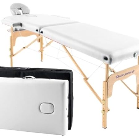 QUIRUMED Table de Massage Pliante en Bois Easy, Couleur Blanche, 182 x 60 cm, Similicuir, Portable, Tête Amovible Légère, Trou pour Le Visage, Hauteur Réglable, Jusqu'à 120 kg