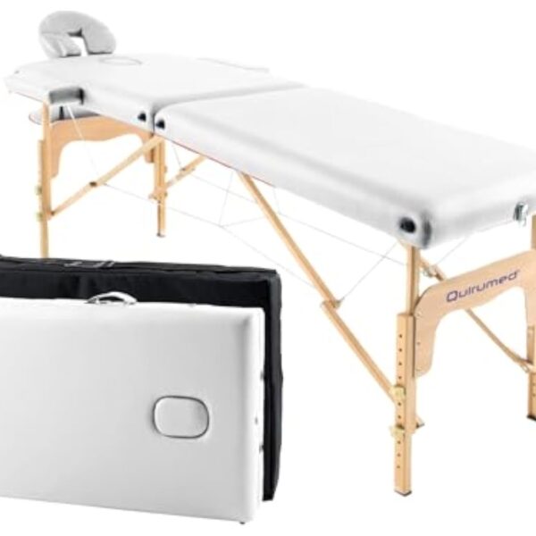 QUIRUMED Table de Massage Pliante en Bois Easy, Couleur Blanche, 182 x 60 cm, Similicuir, Portable, Tête Amovible Légère, Trou pour Le Visage, Hauteur Réglable, Jusqu'à 120 kg