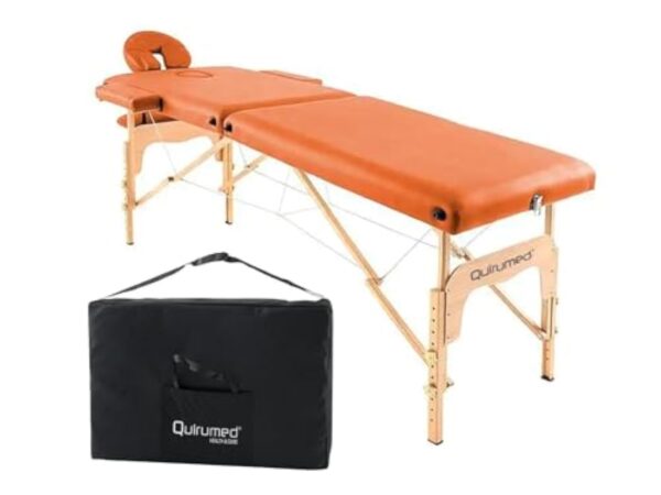 QUIRUMED Table de Massage Pliable en Bois Easy, Couleur Orange, 186 x 66 cm, Table de Massage, Massage physiothérapie, Similicuir tête articulée, Hauteur réglable, 2 Corps – Image 2