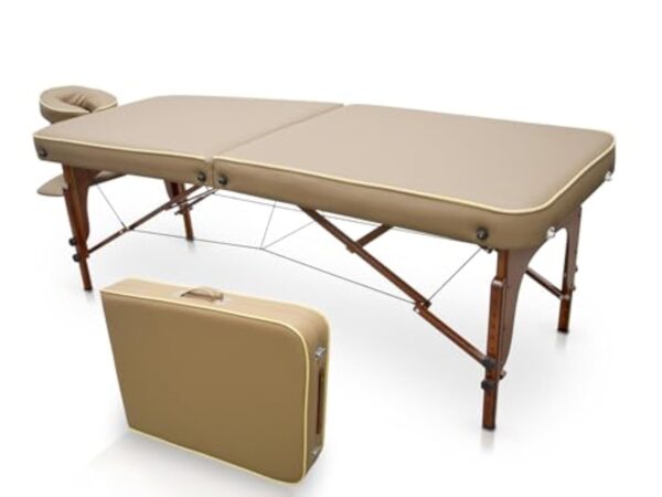 QUIRUMED Table de massage pour SPA, portable en bois, couleur sable, bois verni, simili cuir, rembourrage haute densité, hauteur réglable, pliable, tête amovible, jusqu'à 210 kg – Image 2
