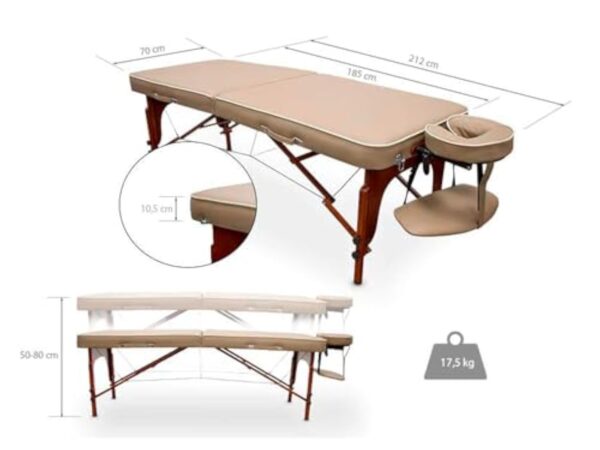 QUIRUMED Table de massage pour SPA, portable en bois, couleur sable, bois verni, simili cuir, rembourrage haute densité, hauteur réglable, pliable, tête amovible, jusqu'à 210 kg – Image 3