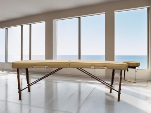 QUIRUMED Table de massage pour SPA, portable en bois, couleur sable, bois verni, simili cuir, rembourrage haute densité, hauteur réglable, pliable, tête amovible, jusqu'à 210 kg – Image 6
