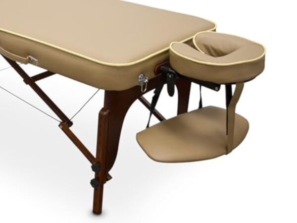 QUIRUMED Table de massage pour SPA, portable en bois, couleur sable, bois verni, simili cuir, rembourrage haute densité, hauteur réglable, pliable, tête amovible, jusqu'à 210 kg – Image 7
