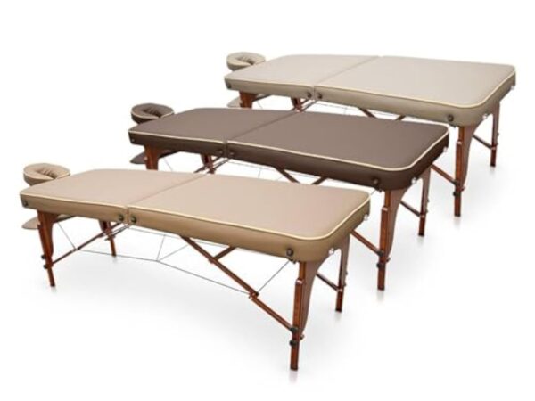 QUIRUMED Table de massage pour SPA, portable en bois, couleur sable, bois verni, simili cuir, rembourrage haute densité, hauteur réglable, pliable, tête amovible, jusqu'à 210 kg – Image 8