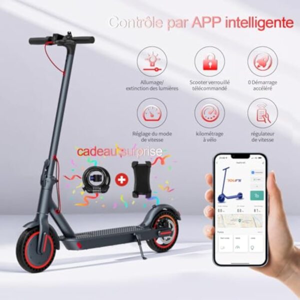 QnQ Trottinettes Électriques Adultes, 8,5" Trottinette Pliable, 25KM Autonomie, Pneus Nid d'abeille Increvables, Contrôle Via APP et Affichage LED,Batterie 36V 7.5Ah, Moteur 350W, Porteur de 120KG – Image 4