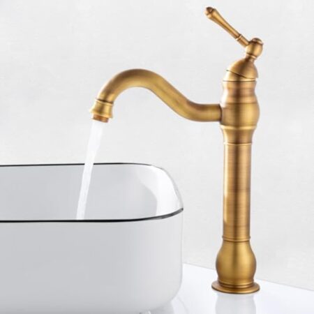 ROWINNAO Robinet Salle de Bain Rétro Laiton Haut, Antique Mitigeur Lavabo Vasque avec bec Hauteur 230 mm, Pivotant à 360°Mitigeur Vasque Salle de Bain, Robinet Lave Main Chaude et Froide, G3/8