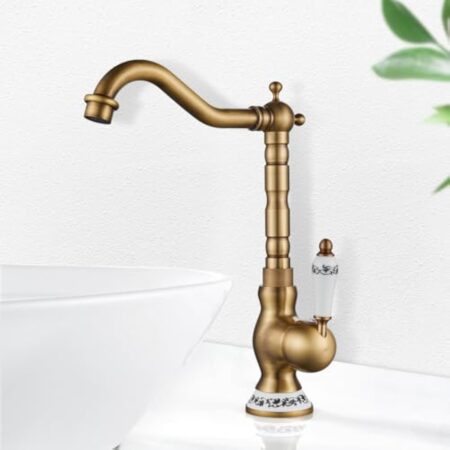 ROWINNAO Robinet Lavabo Rétro Laiton, Robinet Salle de Bain Antique Haut avec bec Hauteur 253 mm, Pivotant à 360°Mitigeur Vasque Salle de Bain, Mitigeur Lave Main Chaude et Froide, G3/8