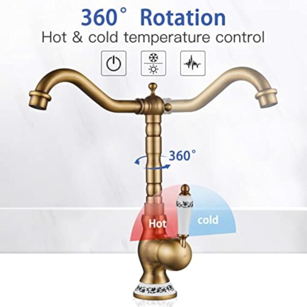ROWINNAO Robinet Lavabo Rétro Laiton, Robinet Salle de Bain Antique Haut avec bec Hauteur 253 mm, Pivotant à 360°Mitigeur Vasque Salle de Bain, Mitigeur Lave Main Chaude et Froide, G3/8 – Image 3