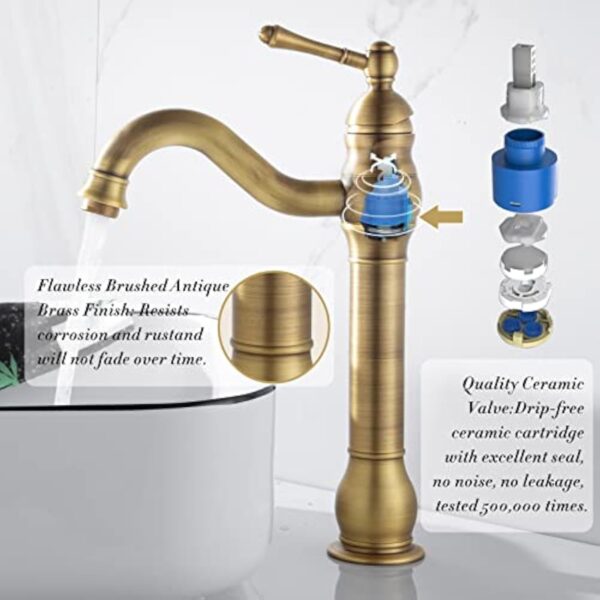 ROWINNAO Robinet Salle de Bain Rétro Laiton Haut, Antique Mitigeur Lavabo Vasque avec bec Hauteur 230 mm, Pivotant à 360°Mitigeur Vasque Salle de Bain, Robinet Lave Main Chaude et Froide, G3/8 – Image 3