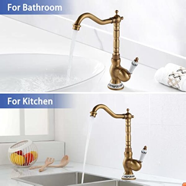 ROWINNAO Robinet Lavabo Rétro Laiton, Robinet Salle de Bain Antique Haut avec bec Hauteur 253 mm, Pivotant à 360°Mitigeur Vasque Salle de Bain, Mitigeur Lave Main Chaude et Froide, G3/8 – Image 4