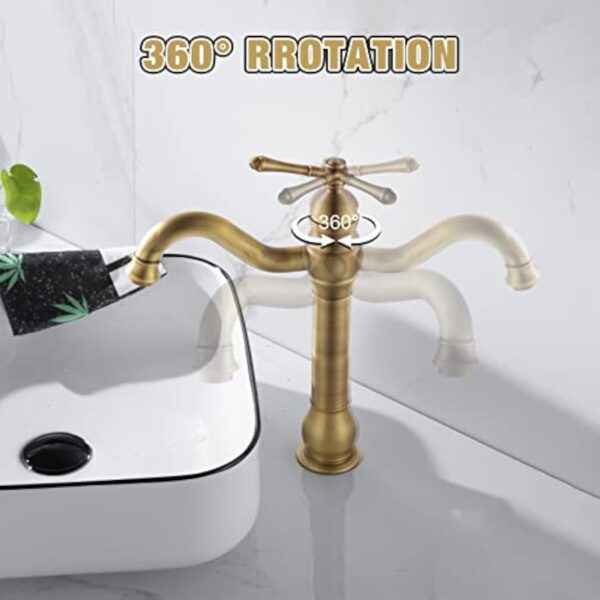 ROWINNAO Robinet Salle de Bain Rétro Laiton Haut, Antique Mitigeur Lavabo Vasque avec bec Hauteur 230 mm, Pivotant à 360°Mitigeur Vasque Salle de Bain, Robinet Lave Main Chaude et Froide, G3/8 – Image 4