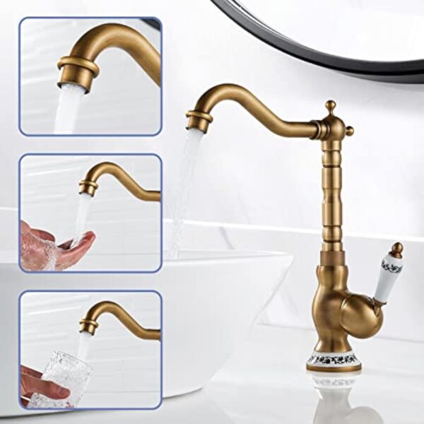 ROWINNAO Robinet Lavabo Rétro Laiton, Robinet Salle de Bain Antique Haut avec bec Hauteur 253 mm, Pivotant à 360°Mitigeur Vasque Salle de Bain, Mitigeur Lave Main Chaude et Froide, G3/8 – Image 5