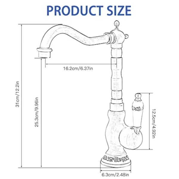 ROWINNAO Robinet Lavabo Rétro Laiton, Robinet Salle de Bain Antique Haut avec bec Hauteur 253 mm, Pivotant à 360°Mitigeur Vasque Salle de Bain, Mitigeur Lave Main Chaude et Froide, G3/8 – Image 6