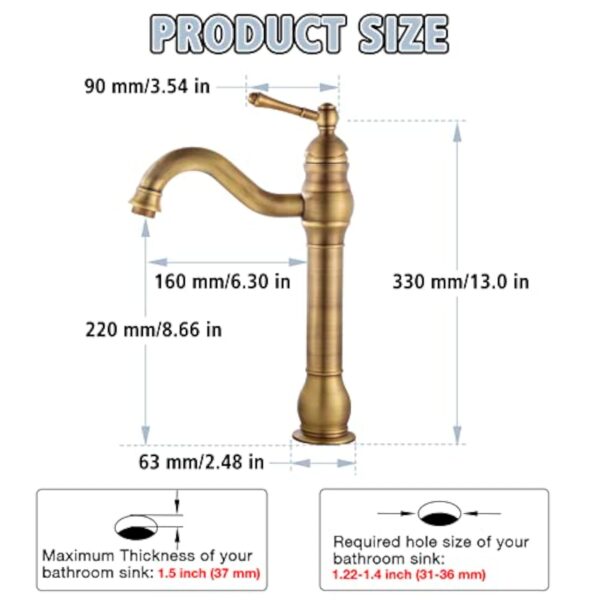 ROWINNAO Robinet Salle de Bain Rétro Laiton Haut, Antique Mitigeur Lavabo Vasque avec bec Hauteur 230 mm, Pivotant à 360°Mitigeur Vasque Salle de Bain, Robinet Lave Main Chaude et Froide, G3/8 – Image 6