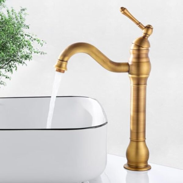 ROWINNAO Robinet Salle de Bain Rétro Laiton Haut, Antique Mitigeur Lavabo Vasque avec bec Hauteur 230 mm, Pivotant à 360°Mitigeur Vasque Salle de Bain, Robinet Lave Main Chaude et Froide, G3/8 – Image 9