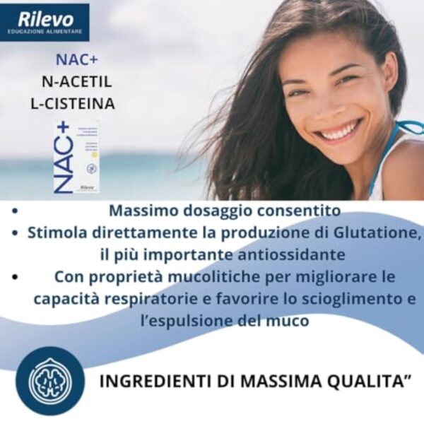 Rilevo Nac+ N-acétylcystéine 600mg 14 Stick Pack de 4 g Complément antioxydant, Synthèse du Glutathion, Propriétés Défenses Immunitaires, Mucolytique Fluidifiant Goût Citron – Image 5
