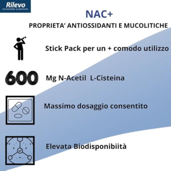 Rilevo Nac+ N-acétylcystéine 600mg 14 Stick Pack de 4 g Complément antioxydant, Synthèse du Glutathion, Propriétés Défenses Immunitaires, Mucolytique Fluidifiant Goût Citron – Image 6