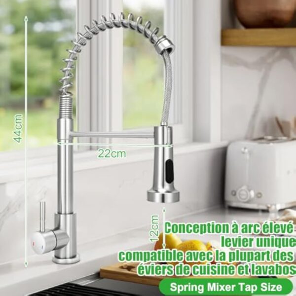 Robinet Cuisine,Mitigeur à Ressort avec Douchette Extractible, Robinetterie Robuste 2 Modes,Monocommande Eau Chaude & Froide, Flexibles Inclus, Installation Facile - Standard EU G3/8'' – Image 3