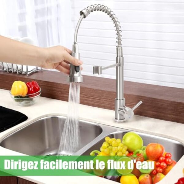 Robinet Cuisine,Mitigeur à Ressort avec Douchette Extractible, Robinetterie Robuste 2 Modes,Monocommande Eau Chaude & Froide, Flexibles Inclus, Installation Facile - Standard EU G3/8'' – Image 4