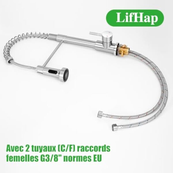 Robinet Cuisine,Mitigeur à Ressort avec Douchette Extractible, Robinetterie Robuste 2 Modes,Monocommande Eau Chaude & Froide, Flexibles Inclus, Installation Facile - Standard EU G3/8'' – Image 6