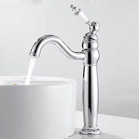 Robinet Salle Bain Lavabo Vintage en Laiton Haut Mitigeur Robinet Salle de Bain Antique Robinet Mitigeur Monocommande Florale avec Tuyaux Chaude et Froide Disponible (Argent)