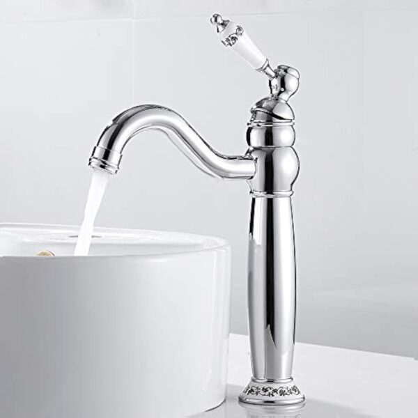 Robinet Salle Bain Lavabo Vintage en Laiton Haut Mitigeur Robinet Salle de Bain Antique Robinet Mitigeur Monocommande Florale avec Tuyaux Chaude et Froide Disponible (Argent)