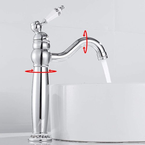 Robinet Salle Bain Lavabo Vintage en Laiton Haut Mitigeur Robinet Salle de Bain Antique Robinet Mitigeur Monocommande Florale avec Tuyaux Chaude et Froide Disponible (Argent) – Image 3
