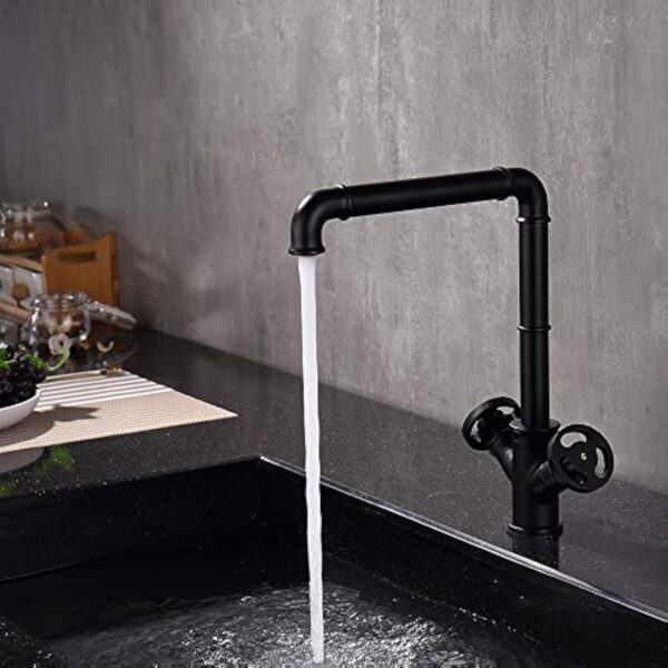 Robinet de Cuisine Vintage Industriel Style Mitigeur Évier Bec Haut Noir Silhouette Elégante Valve en Céramique, Anti-Corrosion et Anti-Rouille Eau Chaude et Froide Réglable Cuivre de Corps – Image 3