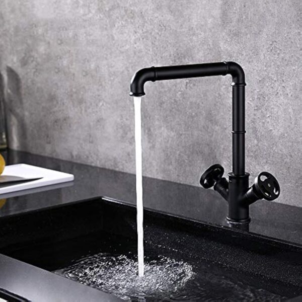 Robinet de Cuisine Vintage Industriel Style Mitigeur Évier Bec Haut Noir Silhouette Elégante Valve en Céramique, Anti-Corrosion et Anti-Rouille Eau Chaude et Froide Réglable Cuivre de Corps – Image 4