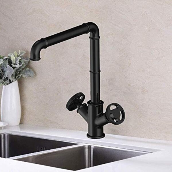 Robinet de Cuisine Vintage Industriel Style Mitigeur Évier Bec Haut Noir Silhouette Elégante Valve en Céramique, Anti-Corrosion et Anti-Rouille Eau Chaude et Froide Réglable Cuivre de Corps – Image 5
